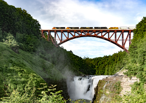 Located at milepost 361 on the Norfolk Southern Southern Tier Line in Western New York State. The steel arch bridge, rebuilt in 2017. The bridge is 960 feet long. Officially known as the Genesee Arch Bridge, its spans the Genesee River 240 feet above the Upper Falls of Letchworth State Park. it is shown with a train powered by 5 locomotives from mixed Railroads.
Letchworth State Park
06/14/2021