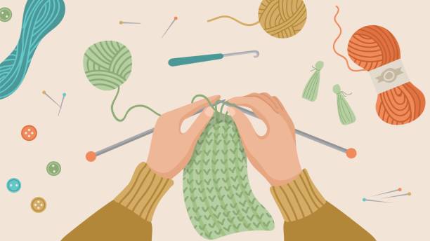 ilustrações, clipart, desenhos animados e ícones de tricotado à mão. mãos tricotando, pano de tricô de fio de lã. outono ou inverno, conceito de higge. fundo vetorial de hobby de artesanato - knitting sweater crochet wool