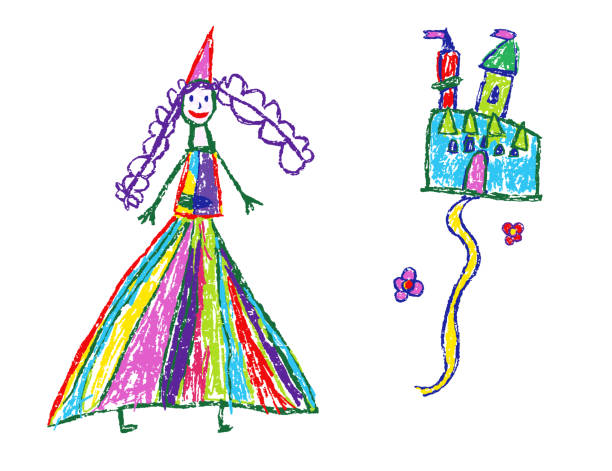 ilustrações de stock, clip art, desenhos animados e ícones de funny princess or queen and castle. crayon like kid`s hand drawn fairy kingdom. - book magic picture book illustration and painting