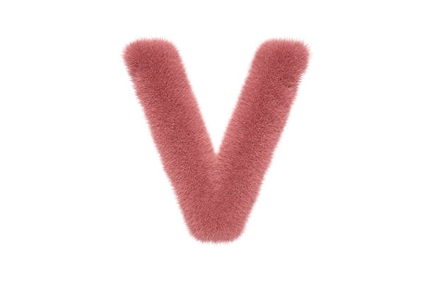 3D Rendering Letter V with Pink Fluffy Hairy Fur Uppercase Alphabet