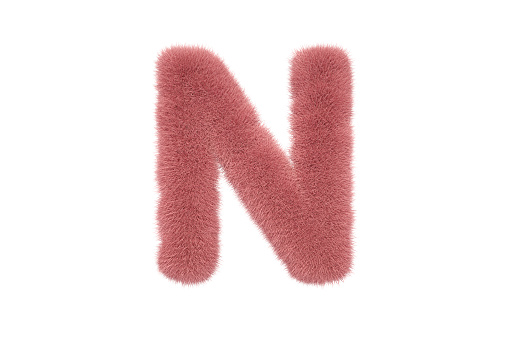 3D Rendering Letter N with Pink Fluffy Hairy Fur Uppercase Alphabet