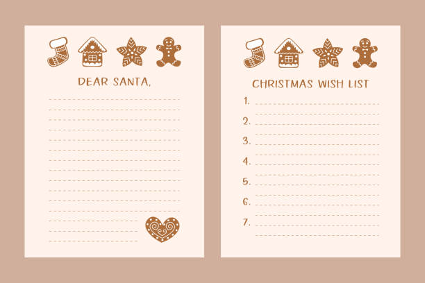 ilustraciones, imágenes clip art, dibujos animados e iconos de stock de carta de navidad a papá noel y lista de deseos. kit de navidad imprimible decorado con galletas de jengibre. conjunto de invierno. - wish list