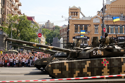 Kyiv, Ukraine-August 24, 2021:Military parade of 30 years Independence Day of Ukraine. Military armored vehicles of take part in a parade in the center of Kyiv. Ukrainian tanks T-64BM2 and T-84 Oplot.