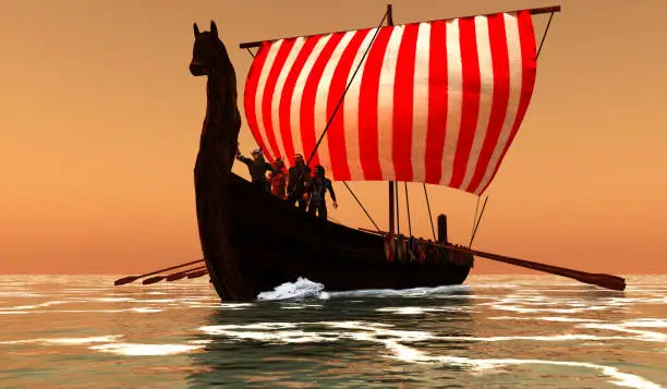Viking men gather at the bow of their sailing longboat to watch for land on a voyage.