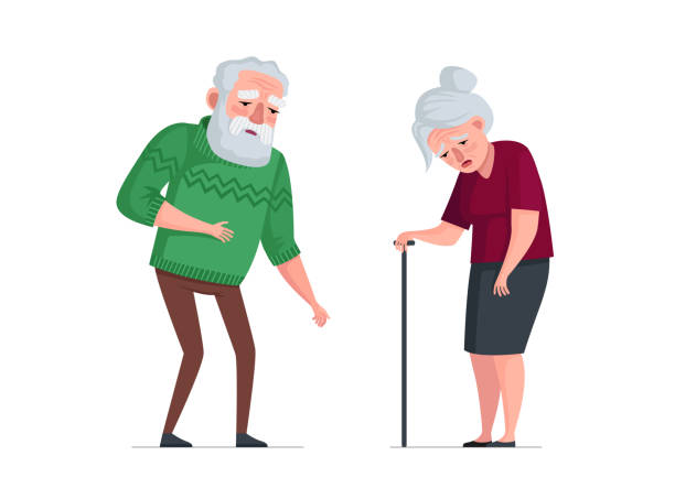 Unhealthy sick elderly couple stand. Sad tired senior aged pensioners. Weakness old people bearded man in sweater and woman with cane. Fatigue gray hair retired grandparents. Vector illustration Unhealthy sick elderly couple stand. Sad tired senior aged pensioners. Weakness old people bearded man in sweater and woman with cane. Fatigue gray hair retired grandparents. Vector eps illustration sad old woman stock illustrations