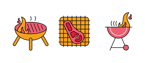 ilustrações de stock, clip art, desenhos animados e ícones de t bone on barbecue, barbecue in flame icon set. barbecue grill. - steak grilled barbecue grill t bone steak
