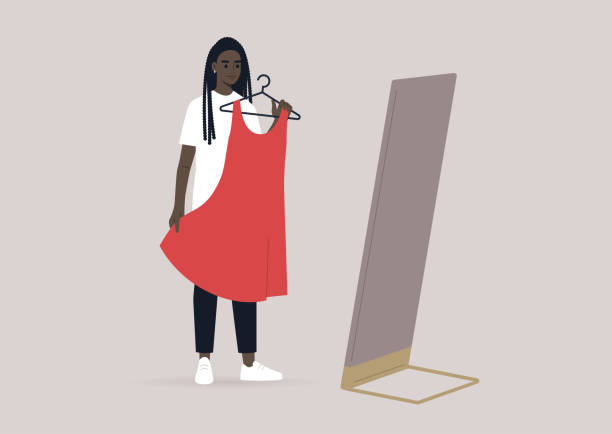 ilustraciones, imágenes clip art, dibujos animados e iconos de stock de un joven personaje negro femenino probando un vestido en un vestuario, la industria de la moda y el feminismo moderno - vestirse
