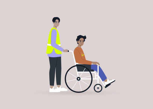 illustrations, cliparts, dessins animés et icônes de un membre du personnel de l’aéroport aidant un passager en fauteuil roulant, l’inclusivité dans la vie quotidienne - airport security staff