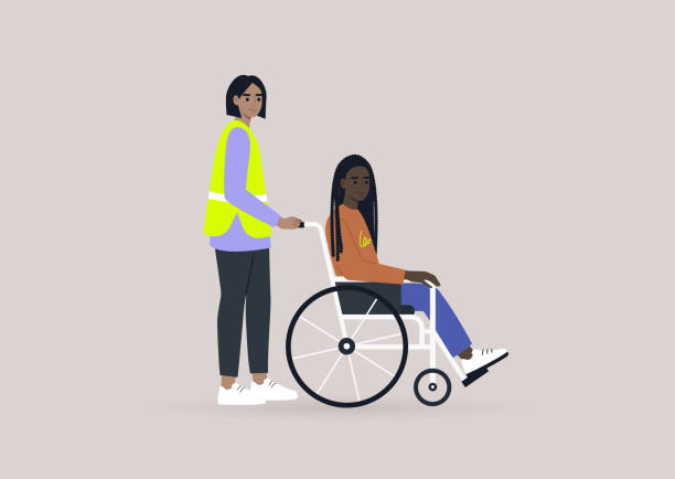 illustrations, cliparts, dessins animés et icônes de un membre du personnel de l’aéroport aidant un passager en fauteuil roulant, l’inclusivité dans la vie quotidienne - airport security staff