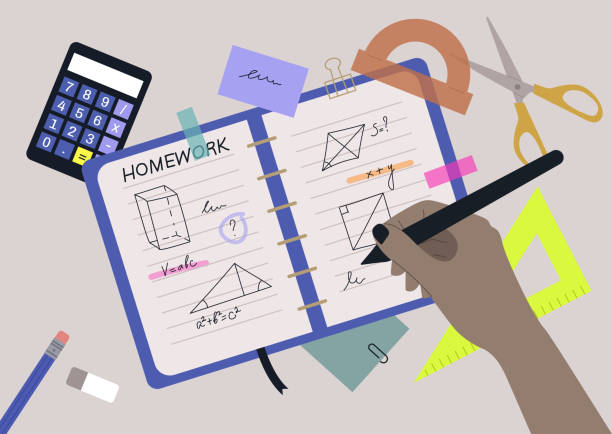 ilustraciones, imágenes clip art, dibujos animados e iconos de stock de una vista superior de una tarea de clase de geometría, un conjunto de papelería - homework