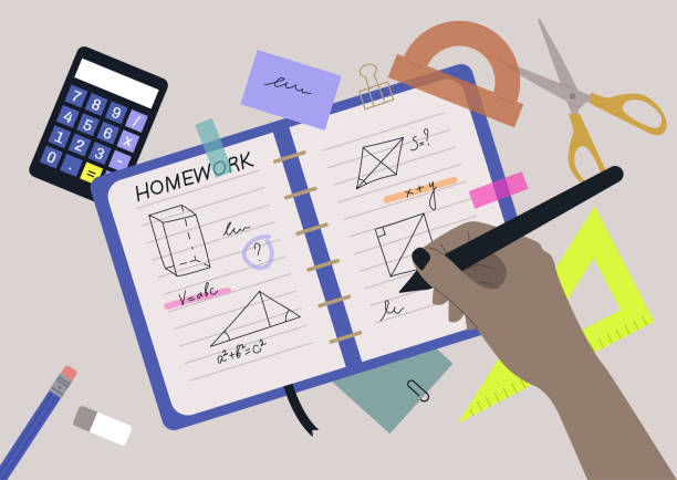 widok z góry zadania domowego z lekcji geometrii, zestaw papeterii - homework stock illustrations