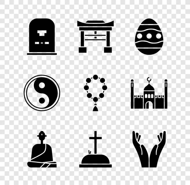 illustrations, cliparts, dessins animés et icônes de set tombstone avec rip écrit, porte du japon, œuf de pâques, moine bouddhiste, croix, mains en position de prière, yin yang et perles du rosaire icône de la religion. vecteur - easter egg religion cross spirituality