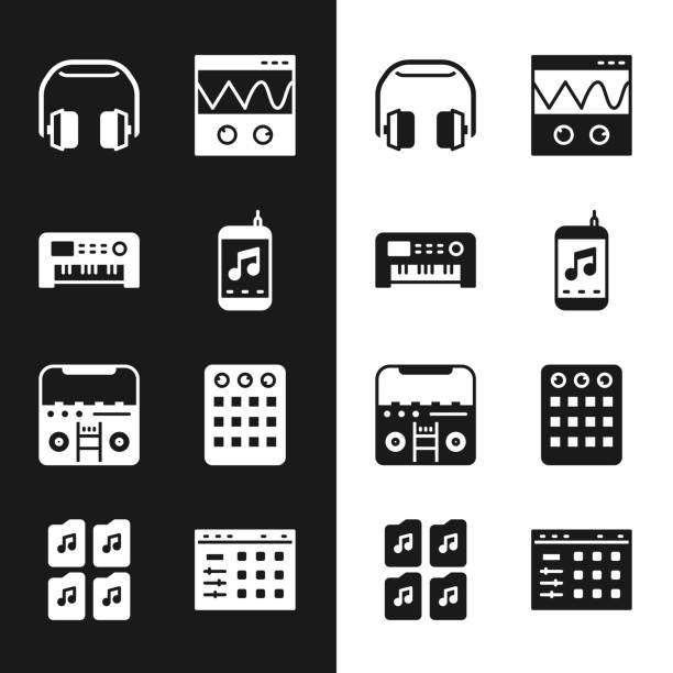 Set Music player, synthesizer, Headphones, Oscilloscope, Home stereo with speakers, Drum machine, and file document icon. Vector Set Music player synthesizer Headphones Oscilloscope Home stereo with speakers Drum machine and file document icon. Vector. home recording studio setup stock illustrations