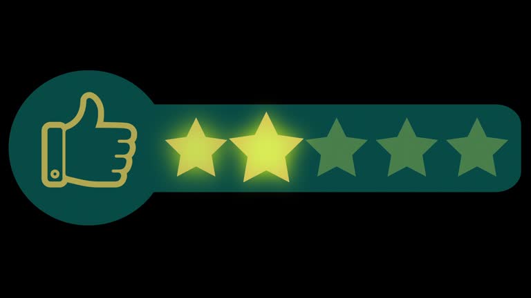 Five stars and thumbs up rating review on black background