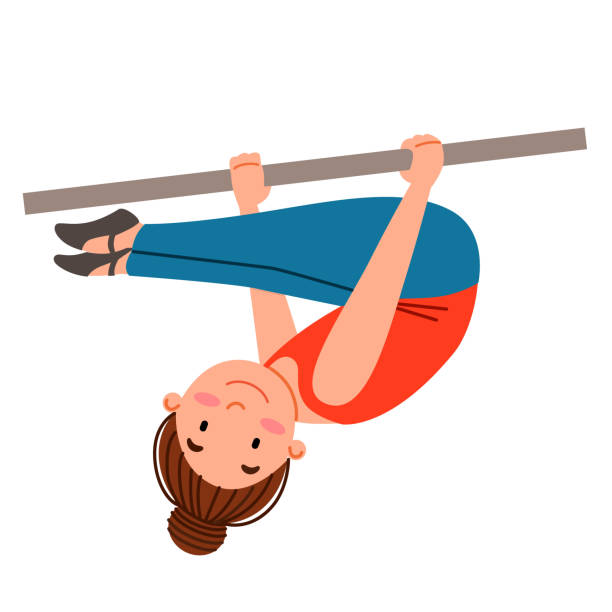 stockillustraties, clipart, cartoons en iconen met childrenes sports gymnastics. the girl is hanging on the crossbar in the bend position. - girls gym