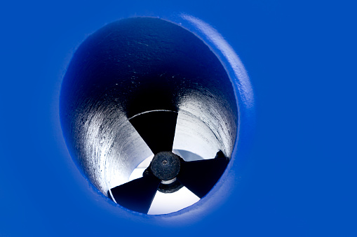 boat bow thruster propeller detail painted in blue antifouling