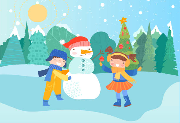 ilustrações de stock, clip art, desenhos animados e ícones de children make snowman - winter men joy leisure activity