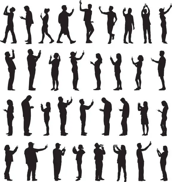 Vector illustration of People Holding Smartphone Up Silhouettes