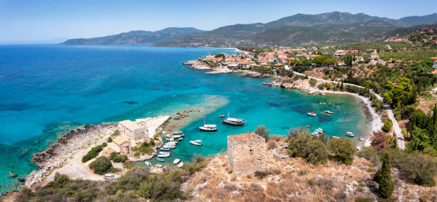 panormiac aerial view of the marina and village of kardamili, greece - mani peninsula imagens e fotografias de stock