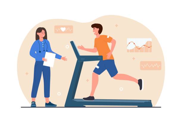 Cardio control concept Cardio control concept. Man runs in gym and doctor monitors and controls pulse and heart rhythm. Training of cardiovascular system. Cartoon modern flat vector illustration isolated on white background treadmill stock illustrations