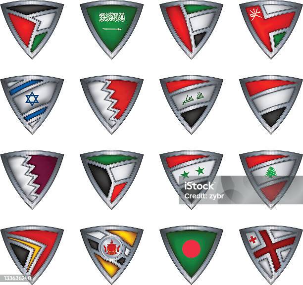 Vetores de Coleção Shield Com Bandeira Da Ásia e mais imagens de Arábia - Arábia, Arábia Saudita, Aço