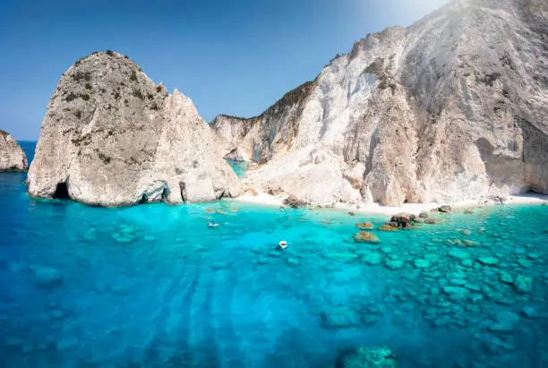 Photo of The beautiful beach of Mizithres at the west coast of Zakynthos island