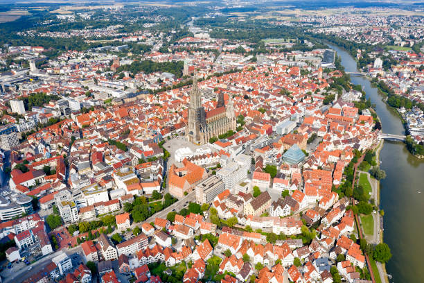 Ulm, Aerial View Aerial view of the City of Ulm, old town, Ulm Minster, and the river Danube, Baden Wurttemberg, Germany ulm minster stock pictures, royalty-free photos & images