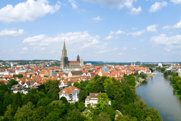Ulm, Aerial View Aerial view of the City of Ulm, old town, Ulm Minster, and the river Danube, Baden Wurttemberg, Germany. ulm germany stock pictures, royalty-free photos & images