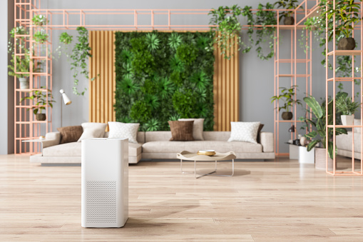 Air Purifier In Living Room For Fresh Air, Healthy Life, Cleaning And Removing Dust