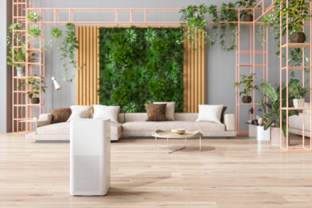 air purifier in living room for fresh air, healthy life, cleaning and removing dust - air quality 個照片及圖片檔