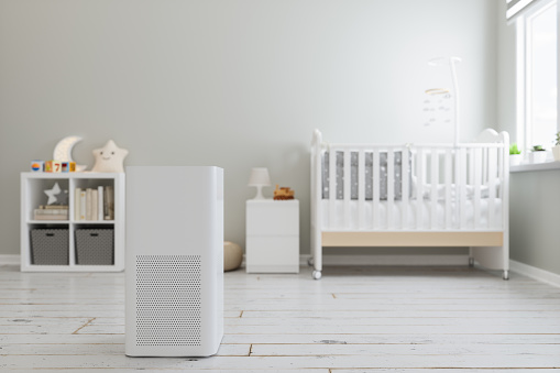 Baby Room Interior With Air Purifier For Fresh Air, Healthy Life, Cleaning And Removing Dust.