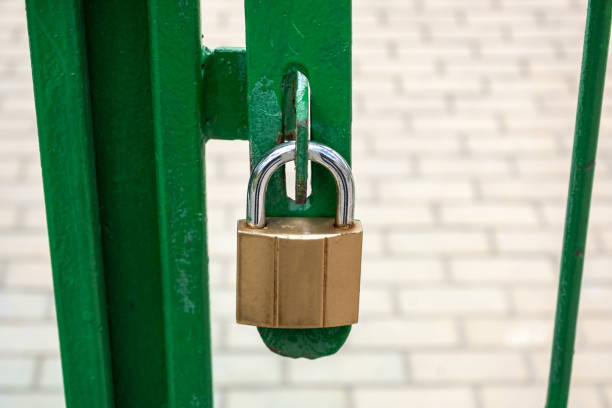 istock new golden lock on the green gate 1336363358