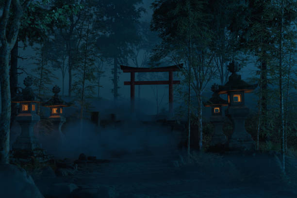 istock 3d rendering of an old japanese shrine with torii gate and stone lantern at night 1336363896