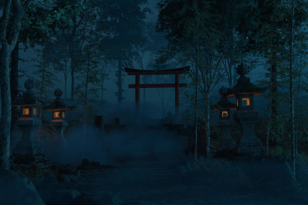 3d rendering of an old japanese shrine with torii gate and stone lantern at night stock photo