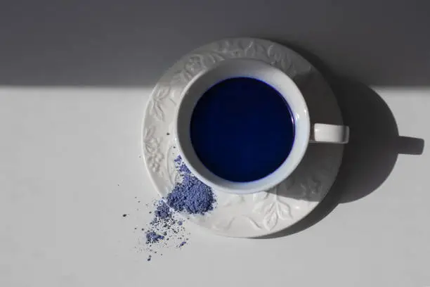 Photo of Blue matcha tea in a white cup