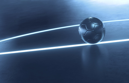 Futuristic black futsal indoor soccer field with ball laying in the center and glowing white lines background