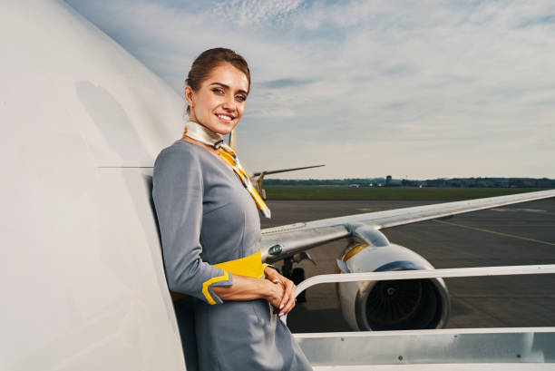 istock Good-looking dark-haired air hostess smiling at the camera 1336374907