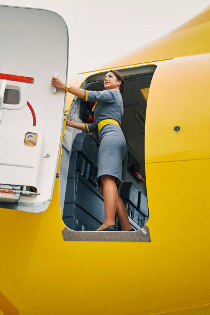 istock Stewardess closing the plug door before the take-off 1336374923