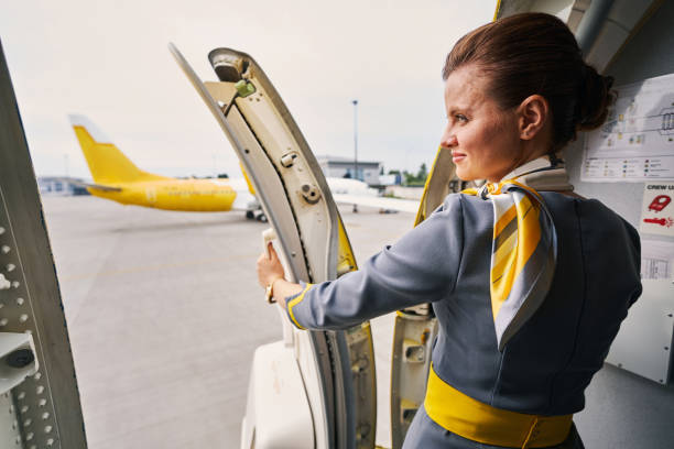 istock Smiling young stewardess standing in the airplane doorway 1336374937