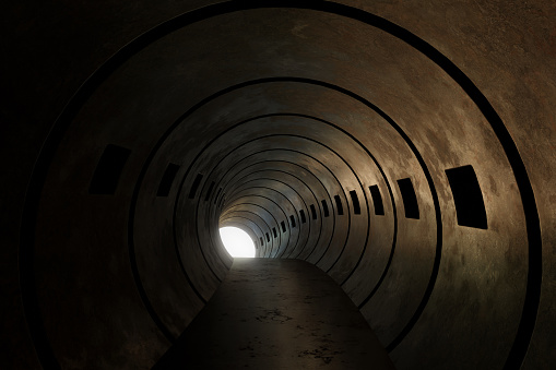 3d rendering of rusty round tunnel with light at the end