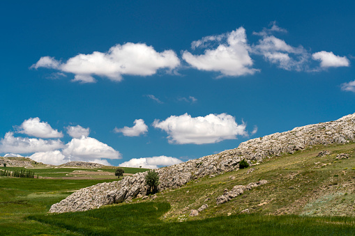 Landscape of green plain under cloudy sky in Turkey
