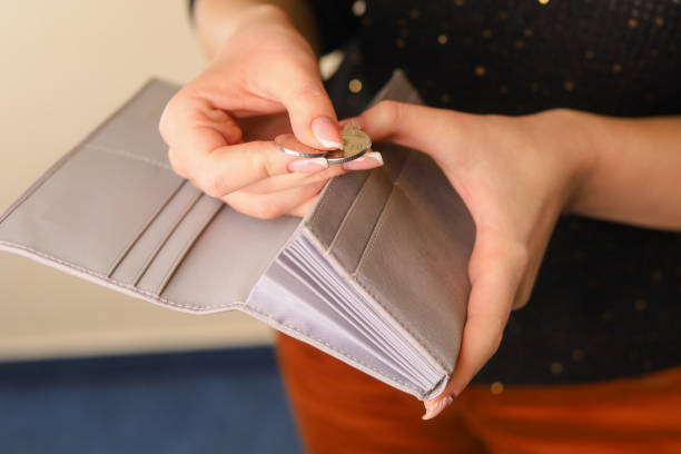 istock Womens hands count coins while taking them out of the wallet. Selective focus on blurred home wall background. 1336378649