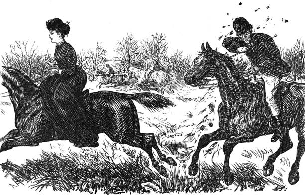 istock British satire comic cartoon caricatures illustrations - woman and man riding horses - man splashed by mud from woman's horse 1336380416