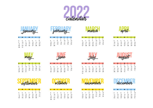 year 2022 calendar horizontal vector design template, simple and clean design. calendar for 2022 on white background for organization and business. week starts summer - 星期一 插圖 幅插畫檔、美工圖案、卡通及圖標