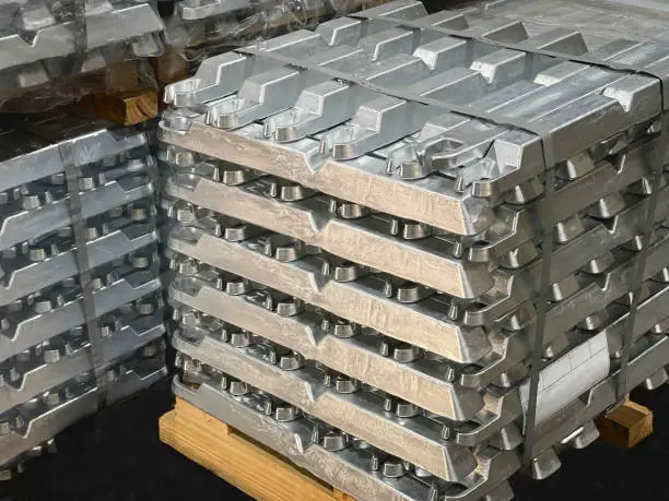 Photo of aluminum ingots stacked on a pallet, raw material, aluminum alloy ready to be processed