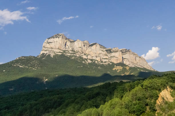 istock Rock formation in pyrenees under blue summer sky with green forest in foreground 1336384594