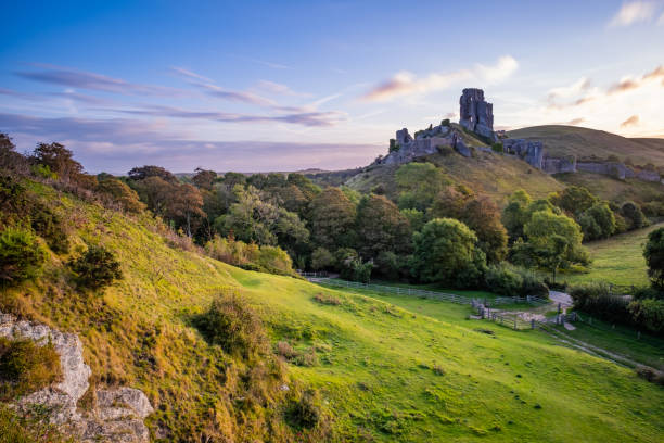 corfe castle sonnenaufgang - dorset stock-fotos und bilder