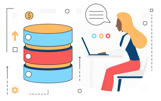 Online data cloud storage, woman character working with database datacenter server Online data cloud storage, woman character working with database datacenter server. database-administrator stock illustrations
