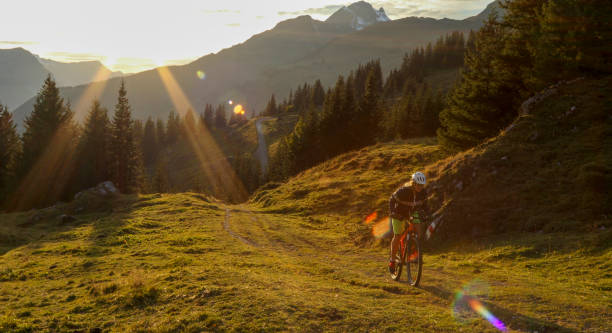 istock Female mountain biker follows path across grass area 1336387883