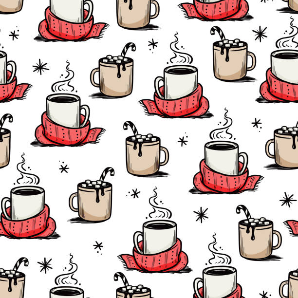 stockillustraties, clipart, cartoons en iconen met christmas pattern with hot drink of winter coffee - cafe snow